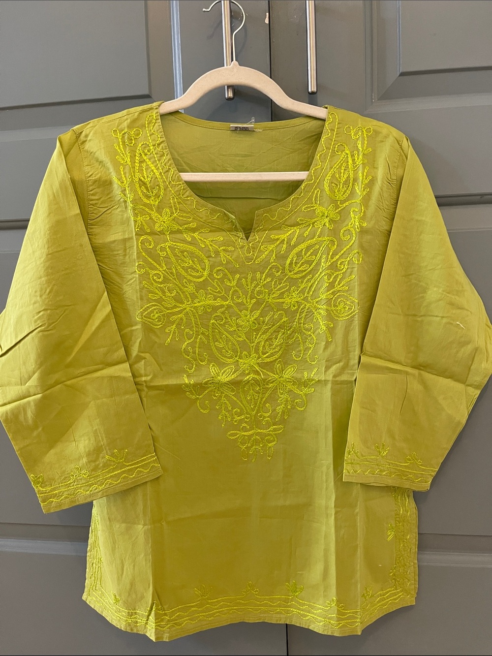 Women's Cotton Lime Green Embroidered Tunic Kurta Top
